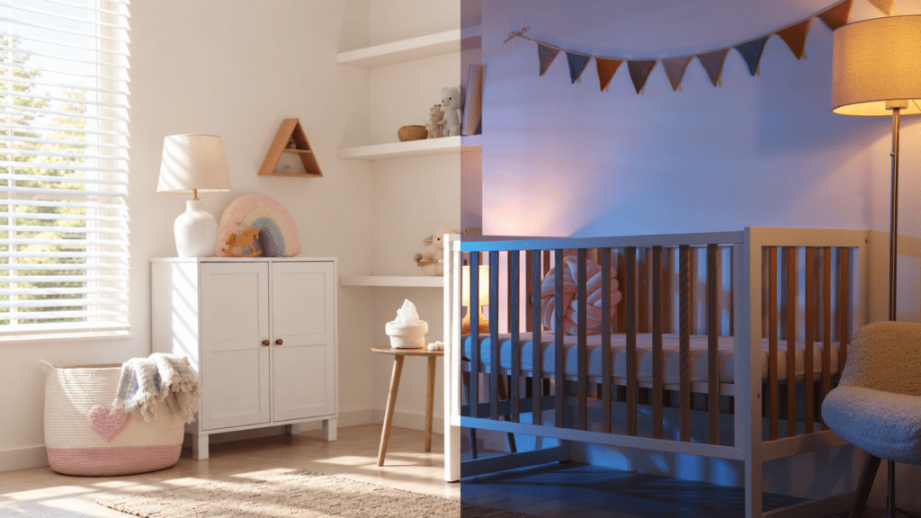 Nursery shown in bright daytime light and calm nighttime lighting.